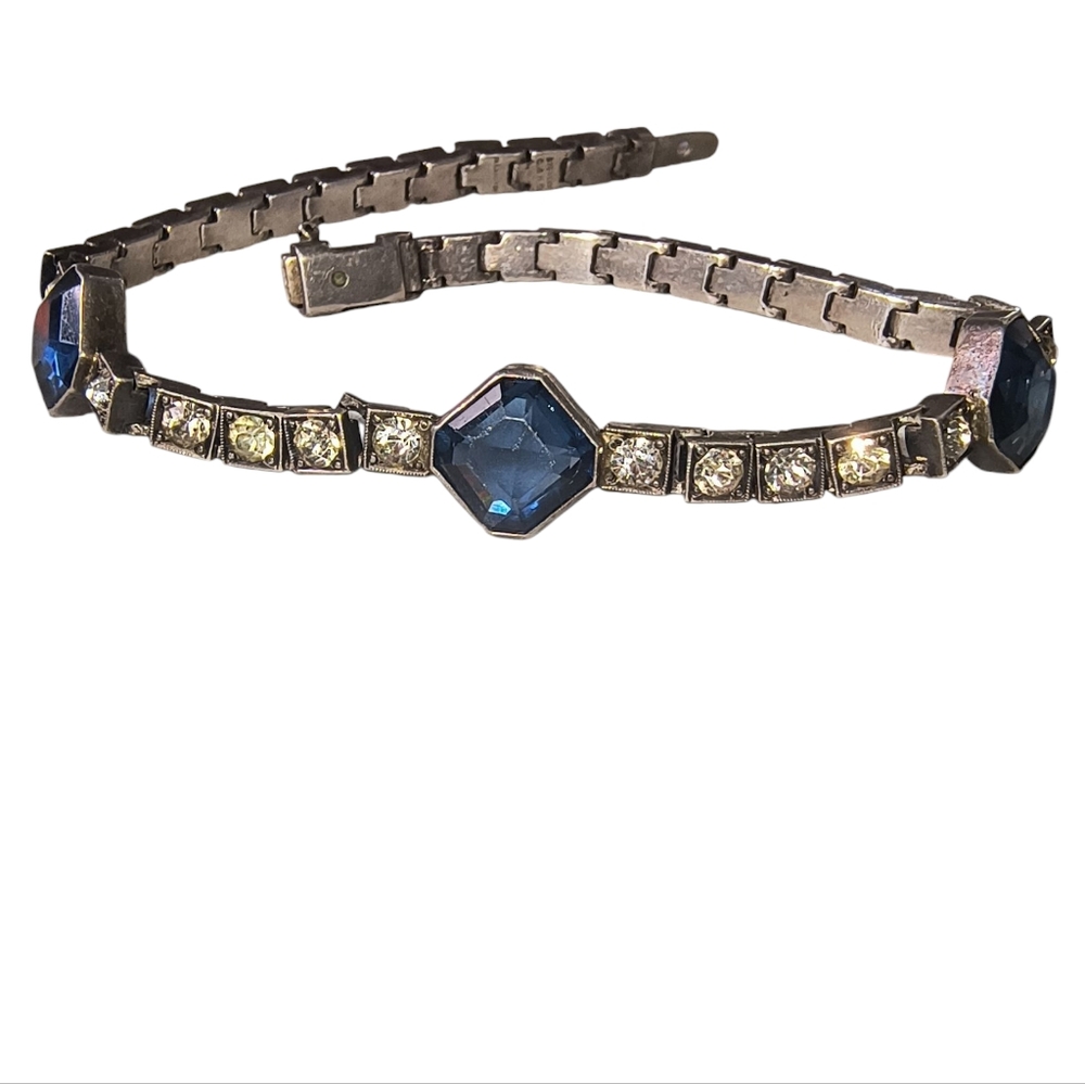 Antique Chapin & Hollister Sterling Silver Blue & Clear Rhinestone Bracelet - Picture 2 of 9